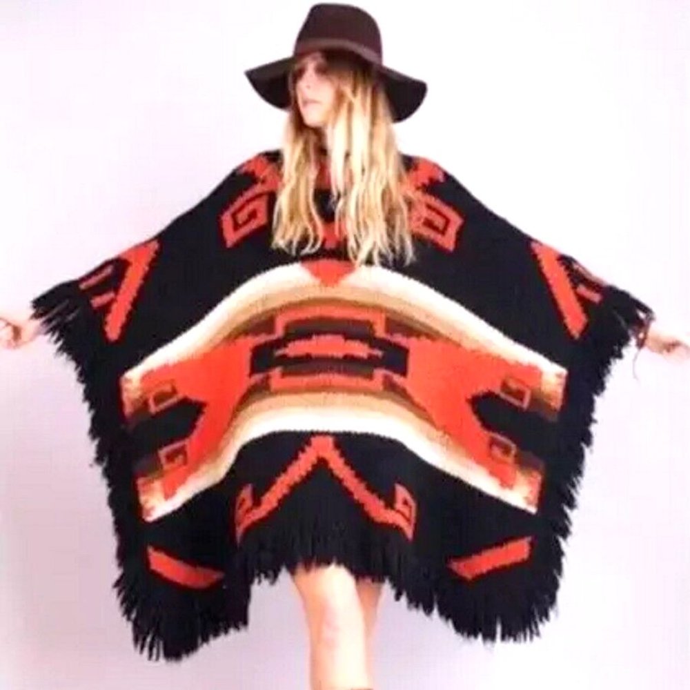 RALPH LAUREN Vtg Southwestern Wool Poncho Sweater Coat Cape